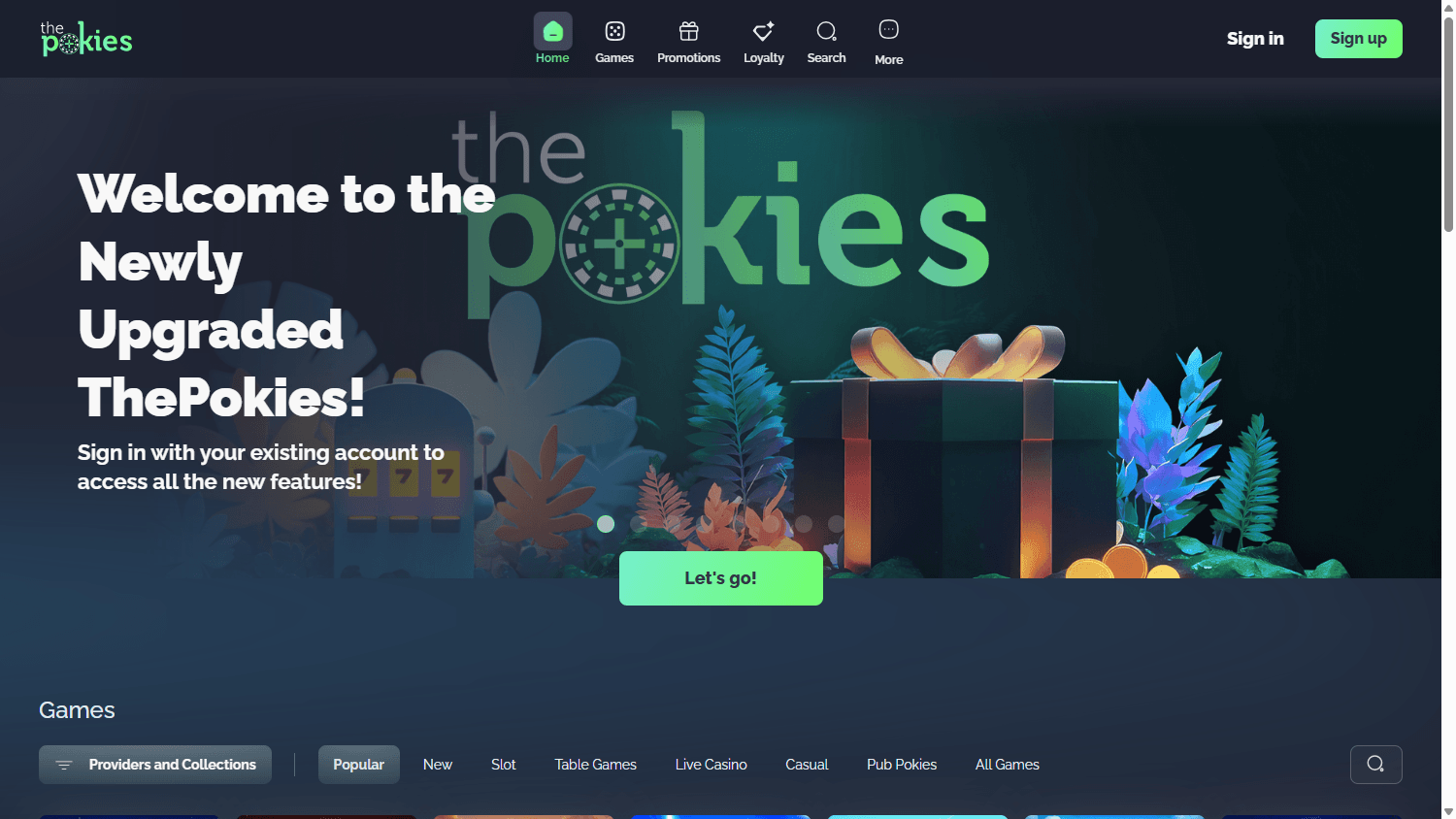 ThePokies casino lobby homepage